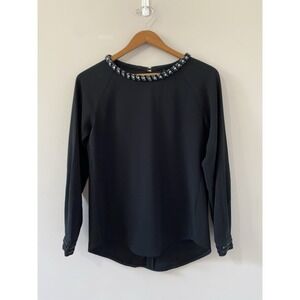 J.Crew‎ Beaded Rhinestone Neckline Blouse Women Sz 6 Black Keyhole Round Hem Top